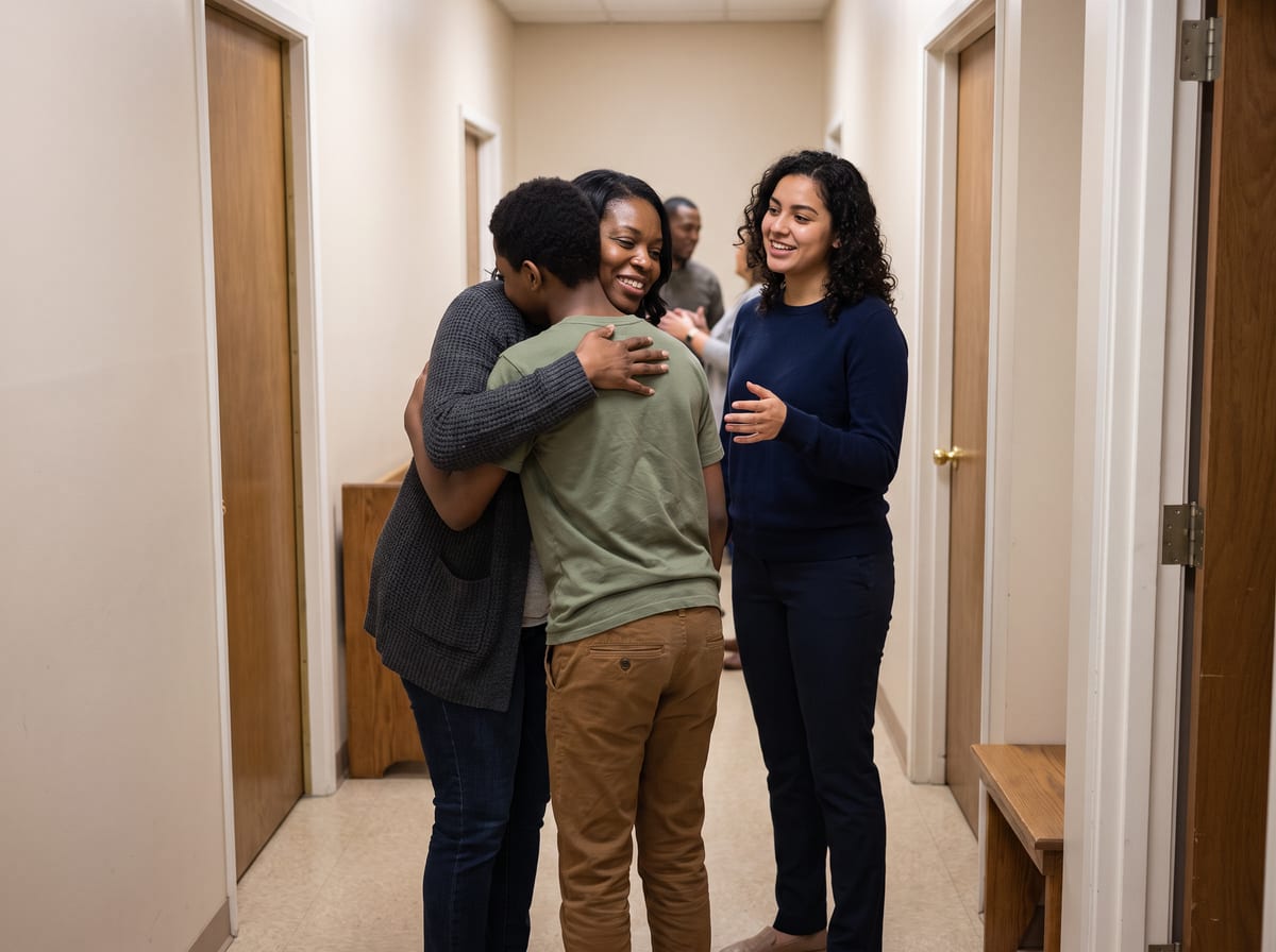 A mother hugs her son after an evening youth program while a volunteer from the church joins them in the hallway.