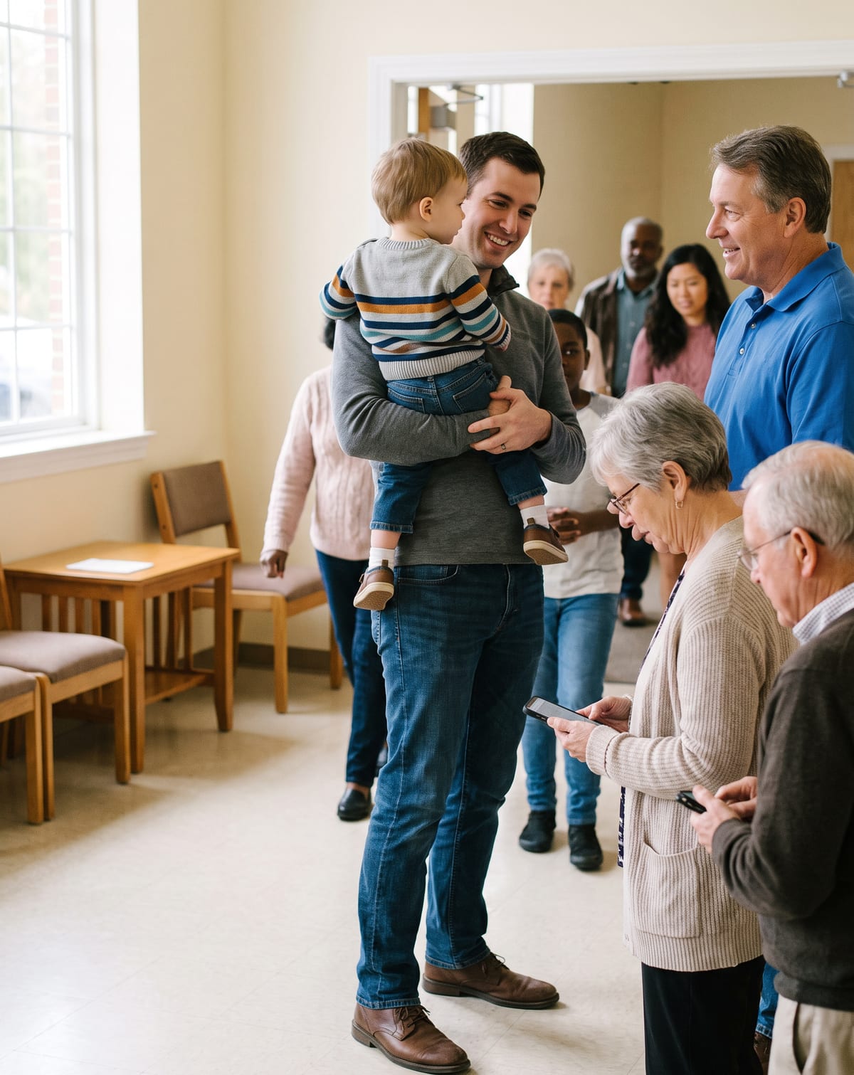 A father holding his toddler talks with a church volunteer in a sunny lobby while an older couple checks their phones.